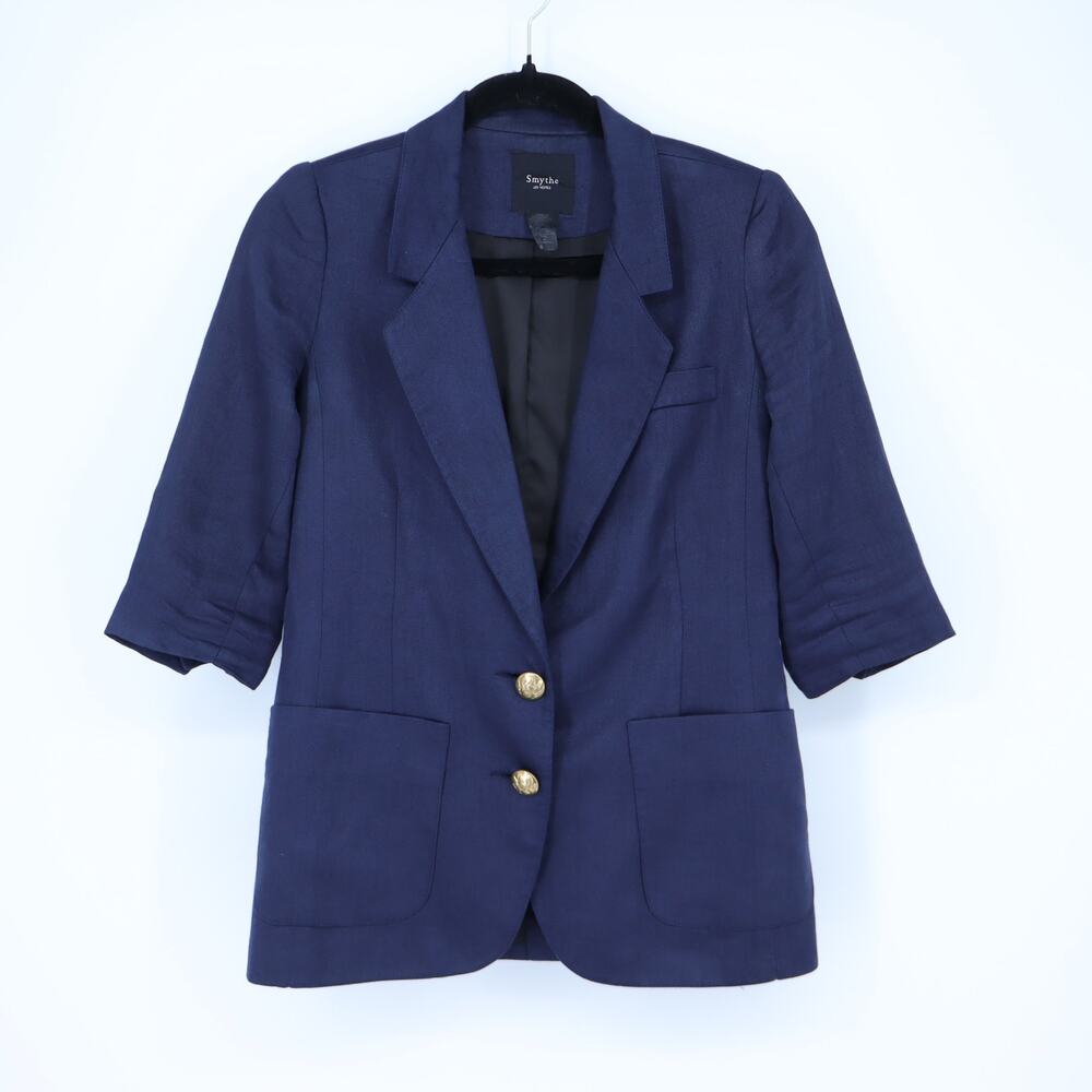 Smythe Linen Blazer Navy Blue 3/4 Sleeve Single Breasted Women's 4